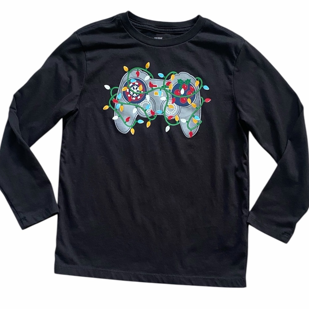 HOLIDAY TIME Video Game Christmas Lights Black Long Sleeve Shirt
